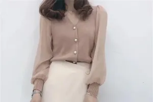 Women Solid Color Knitted Button Long Sleeve Blouses Spring-Summer Lace Patchwork Top