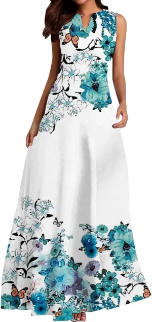 Women Summer Casual Short Sleeve Dresses Long Skirt Casual Flower Sleeveless Flutter Short Sleeve V Neck Button Down