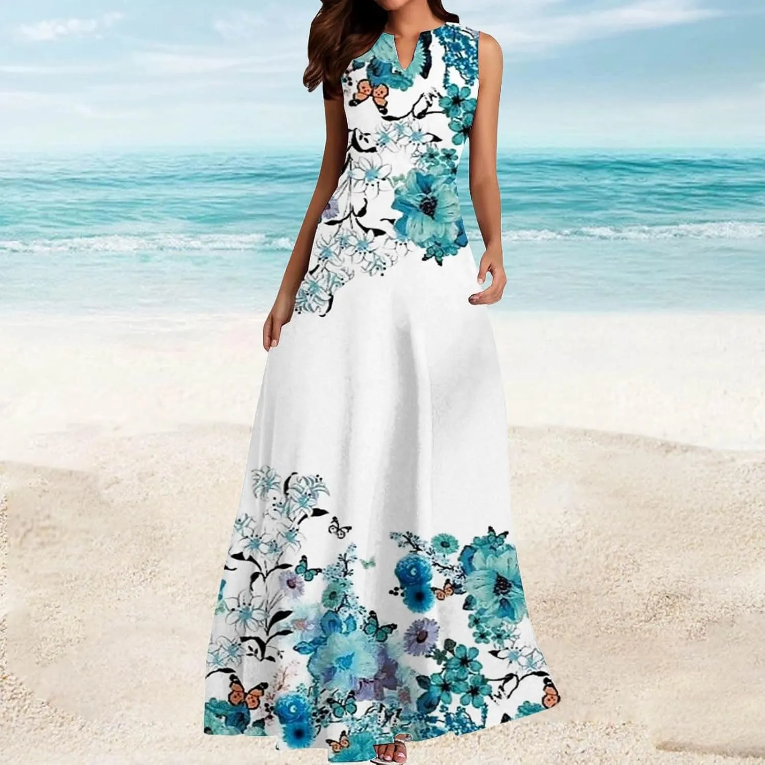 Women Summer Casual Short Sleeve Dresses Long Skirt Casual Flower Sleeveless Flutter Short Sleeve V Neck Button Down