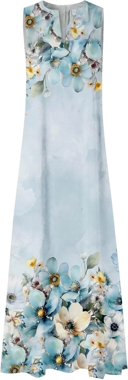 Women Summer Casual Short Sleeve Dresses Long Skirt Casual Flower Sleeveless Flutter Short Sleeve V Neck Button Down
