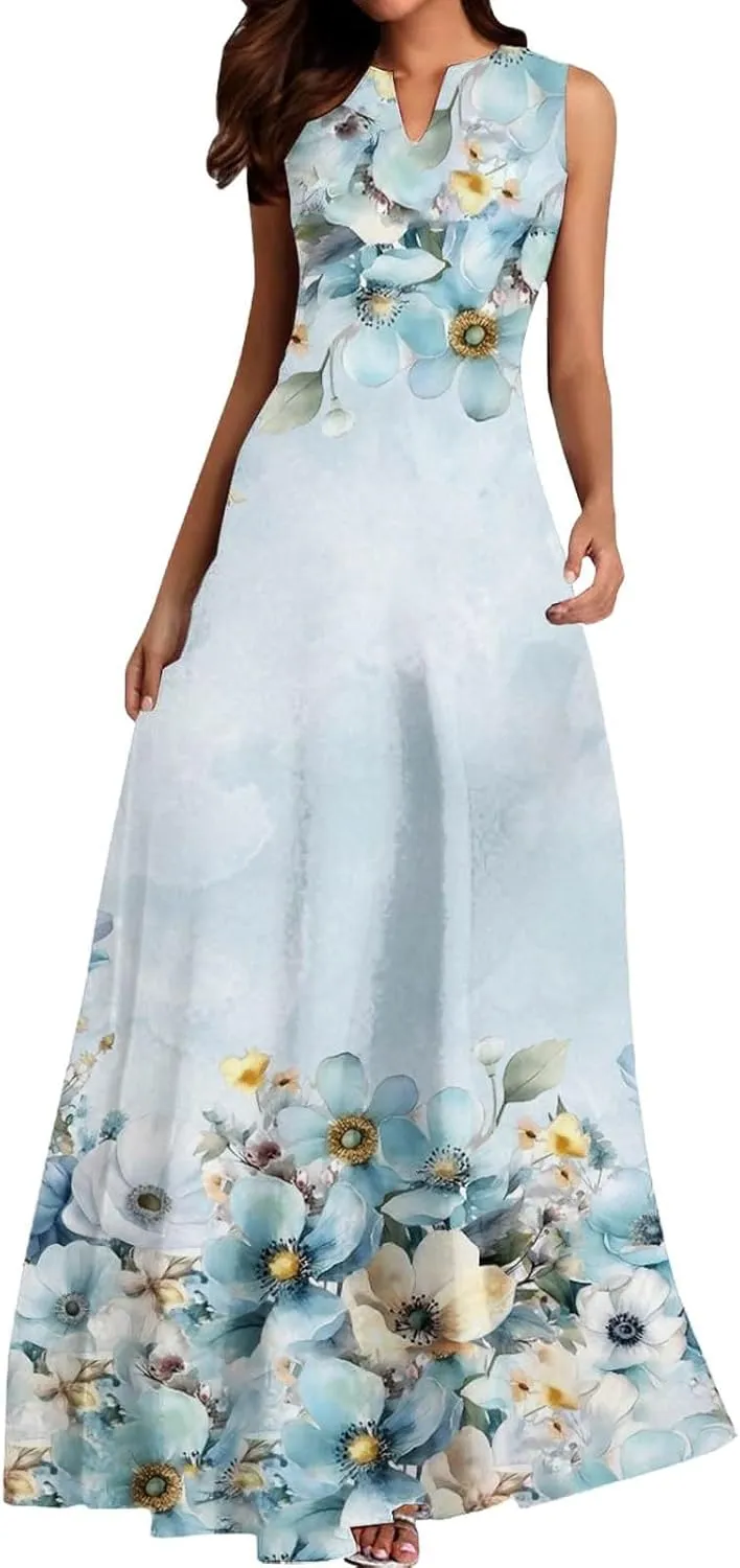 Women Summer Casual Short Sleeve Dresses Long Skirt Casual Flower Sleeveless Flutter Short Sleeve V Neck Button Down
