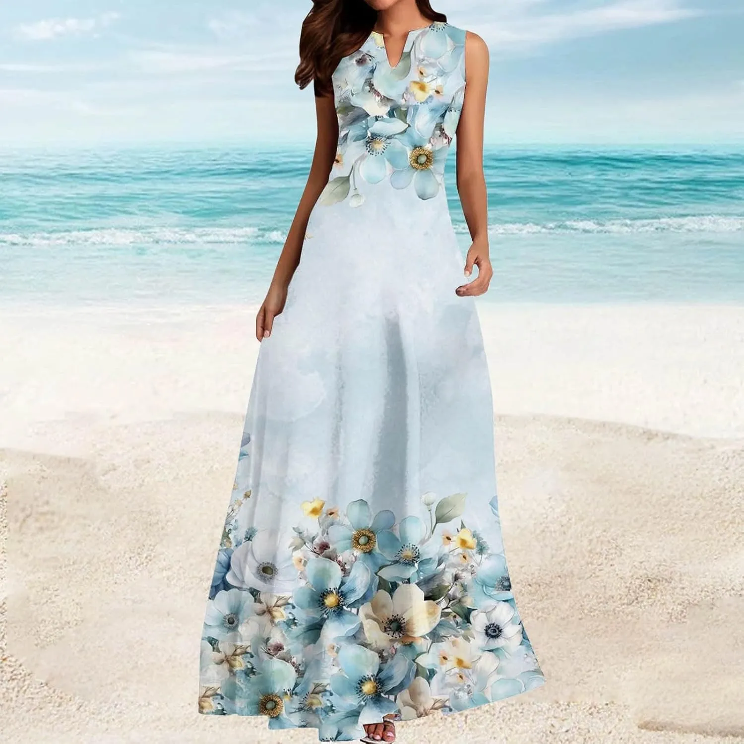 Women Summer Casual Short Sleeve Dresses Long Skirt Casual Flower Sleeveless Flutter Short Sleeve V Neck Button Down