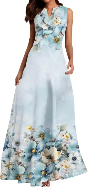 Women Summer Casual Short Sleeve Dresses Long Skirt Casual Flower Sleeveless Flutter Short Sleeve V Neck Button Down