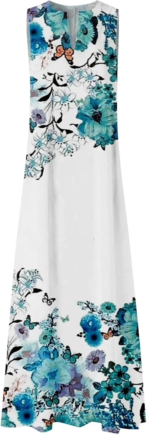 Women Summer Casual Short Sleeve Dresses Long Skirt Casual Flower Sleeveless Flutter Short Sleeve V Neck Button Down