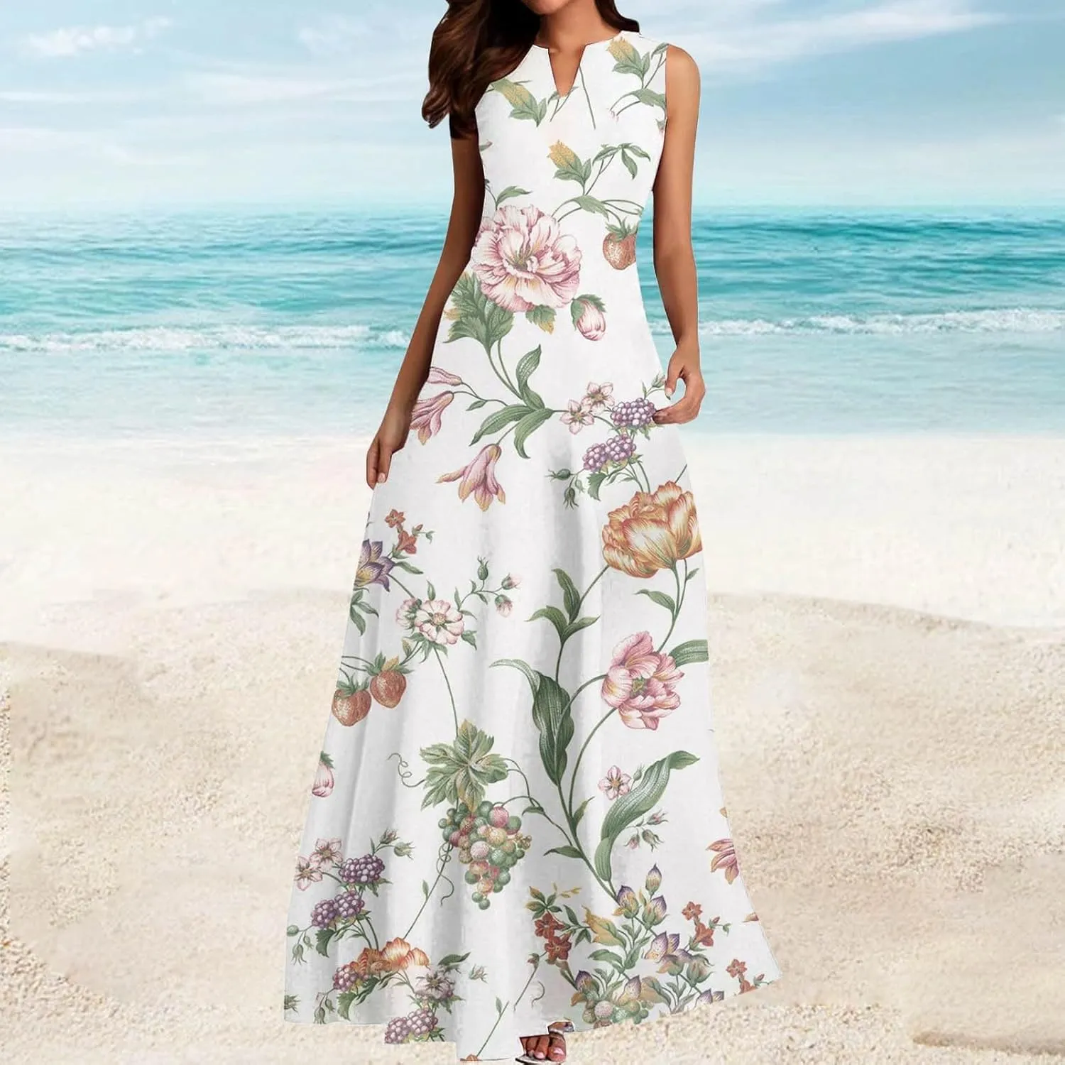 Women Summer Casual Short Sleeve Dresses Long Skirt Casual Flower Sleeveless Flutter Short Sleeve V Neck Button Down