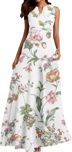 Women Summer Casual Short Sleeve Dresses Long Skirt Casual Flower Sleeveless Flutter Short Sleeve V Neck Button Down