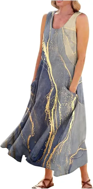 Women Summer Linen Dress 2024 Casual Tank Dress Flowy Sleeveless Long Dress Printed Maxi Dresses with Pockets