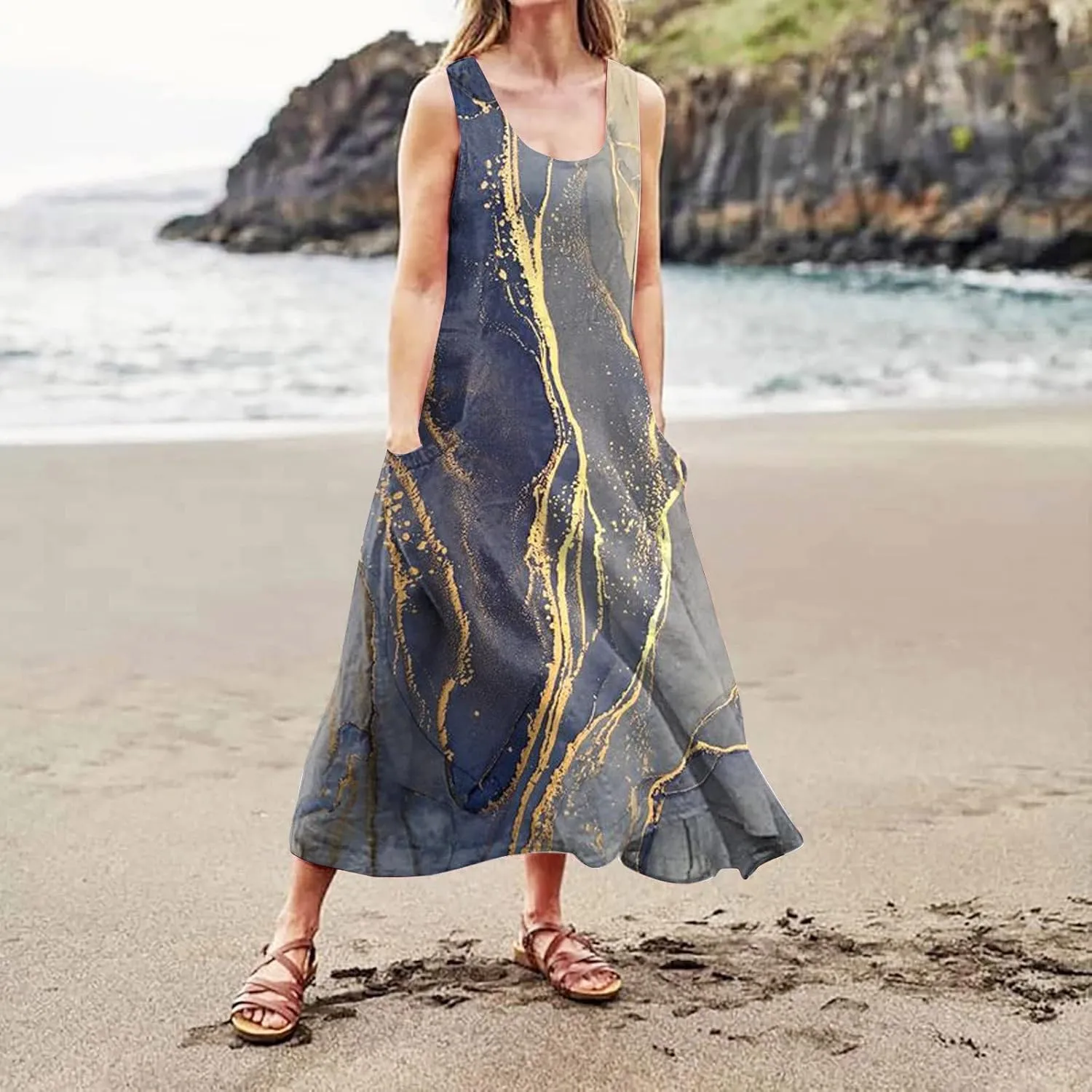 Women Summer Linen Dress 2024 Casual Tank Dress Flowy Sleeveless Long Dress Printed Maxi Dresses with Pockets