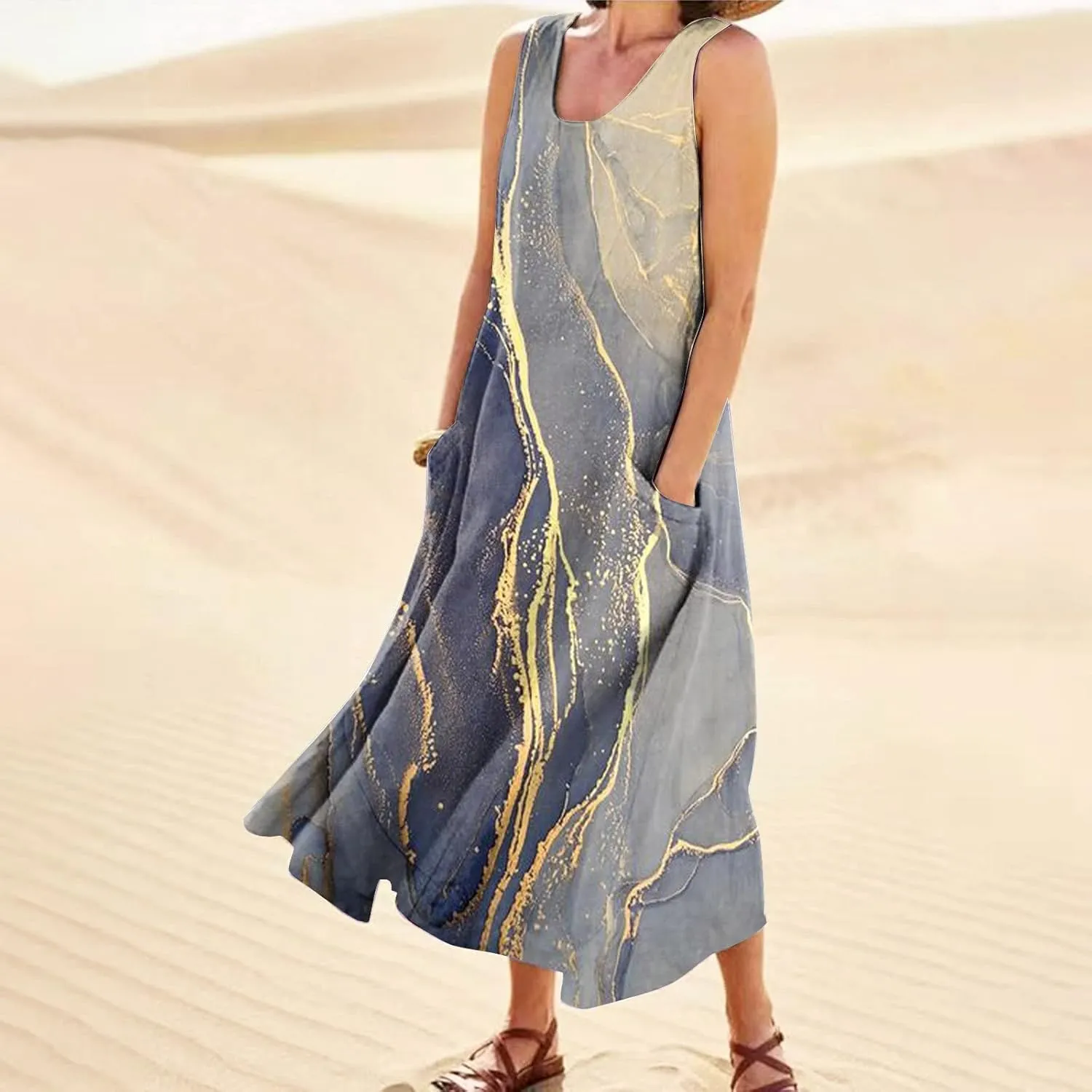 Women Summer Linen Dress 2024 Casual Tank Dress Flowy Sleeveless Long Dress Printed Maxi Dresses with Pockets