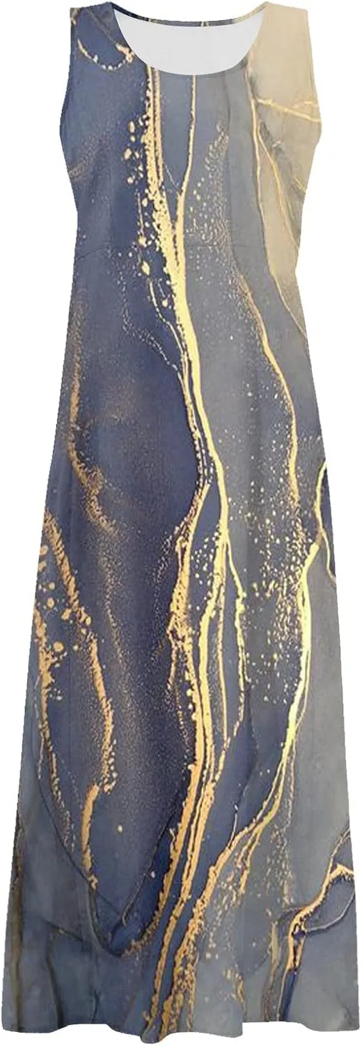 Women Summer Linen Dress 2024 Casual Tank Dress Flowy Sleeveless Long Dress Printed Maxi Dresses with Pockets