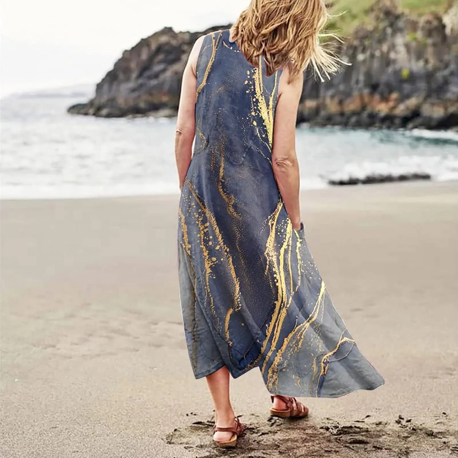 Women Summer Linen Dress 2024 Casual Tank Dress Flowy Sleeveless Long Dress Printed Maxi Dresses with Pockets