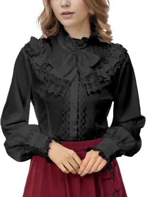 Women Victorian Blouse Long Sleeve Shirts Stand Collar Lotus Ruffled Medieval Gothic Tops