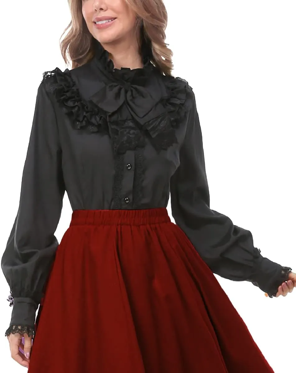 Women Victorian Blouse Long Sleeve Shirts Stand Collar Lotus Ruffled Medieval Gothic Tops