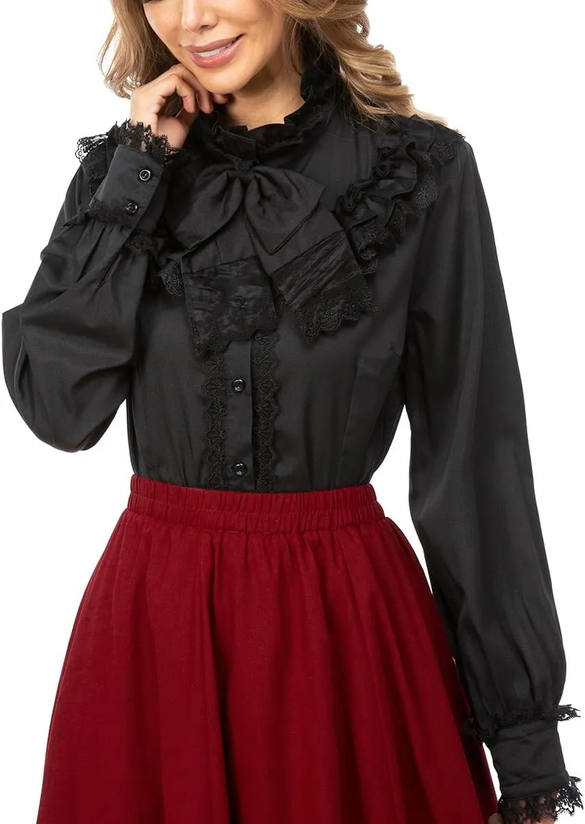 Women Victorian Blouse Long Sleeve Shirts Stand Collar Lotus Ruffled Medieval Gothic Tops