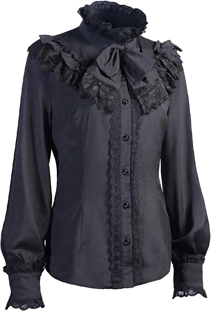 Women Victorian Blouse Long Sleeve Shirts Stand Collar Lotus Ruffled Medieval Gothic Tops