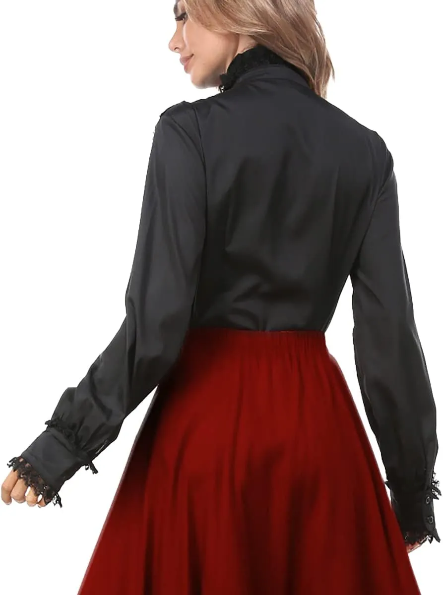 Women Victorian Blouse Long Sleeve Shirts Stand Collar Lotus Ruffled Medieval Gothic Tops
