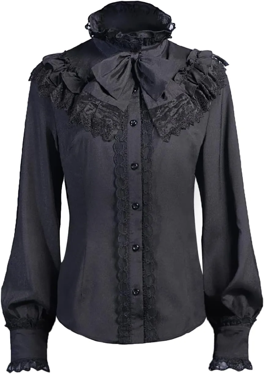Women Victorian Blouse Long Sleeve Shirts Stand Collar Lotus Ruffled Medieval Gothic Tops