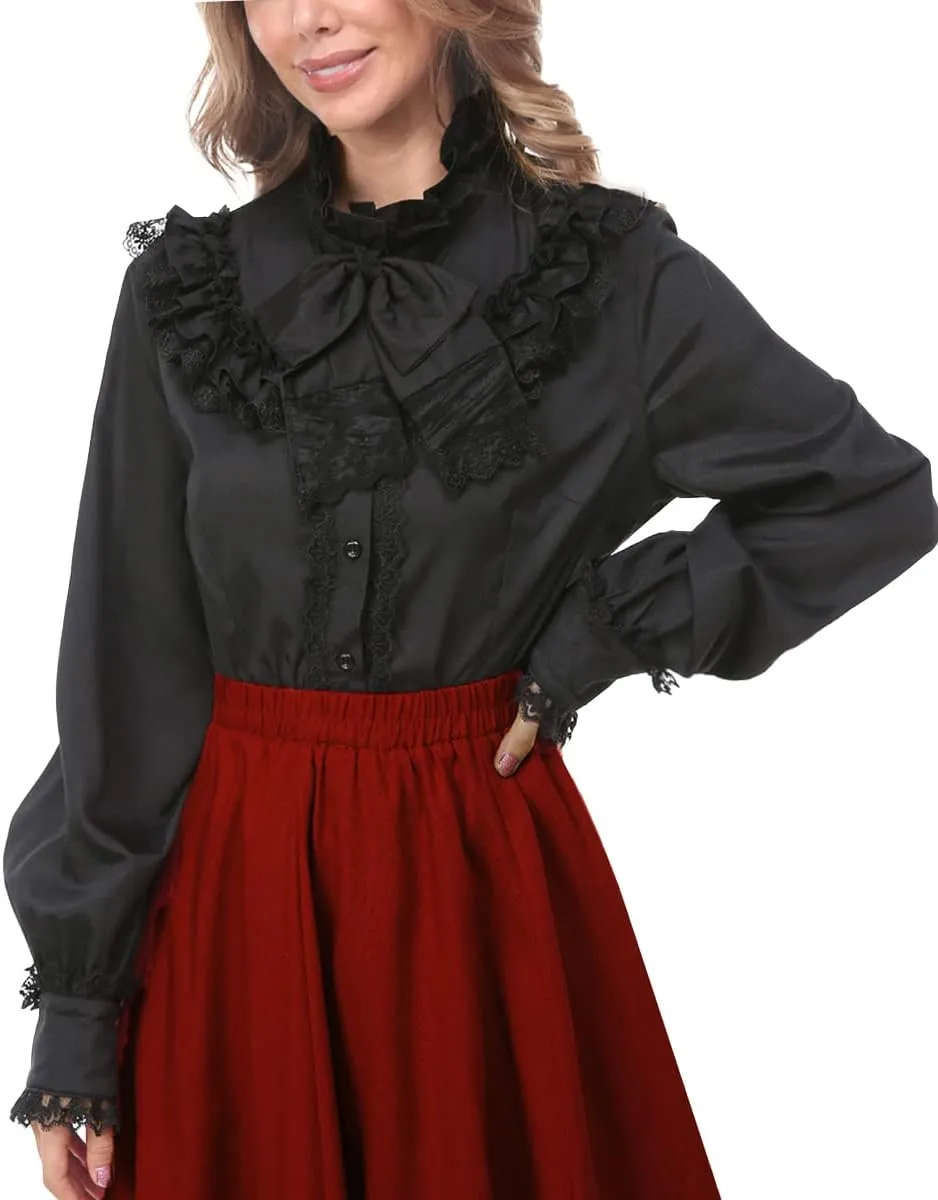 Women Victorian Blouse Long Sleeve Shirts Stand Collar Lotus Ruffled Medieval Gothic Tops