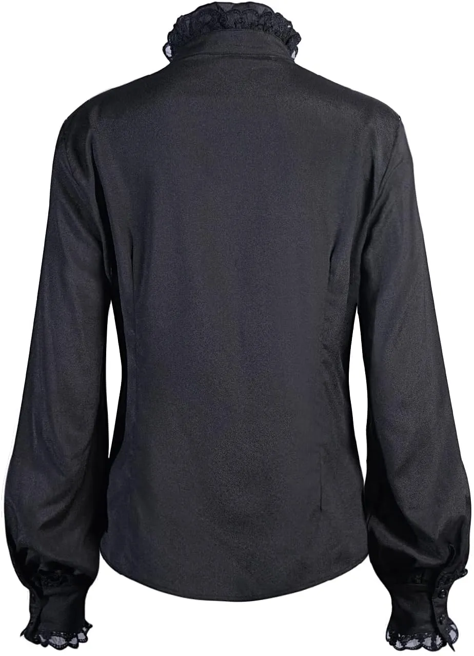 Women Victorian Blouse Long Sleeve Shirts Stand Collar Lotus Ruffled Medieval Gothic Tops