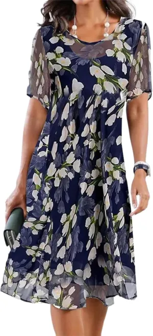 Women's 2025 Spring Summer Shift Dress Casual Crewneck Short Sleeve Dresses Elegant Blue Midi Beach Dress