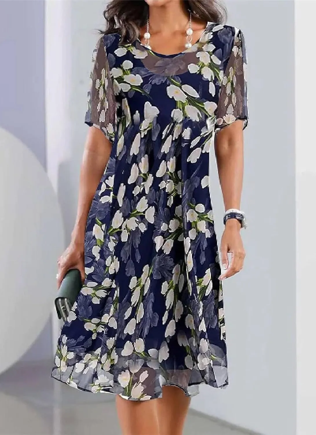 Women's 2025 Spring Summer Shift Dress Casual Crewneck Short Sleeve Dresses Elegant Blue Midi Beach Dress