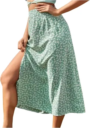 Women's Bohemian Floral Print Midi Skirts Fashion High Waist Split Casual A-Line Skirts
