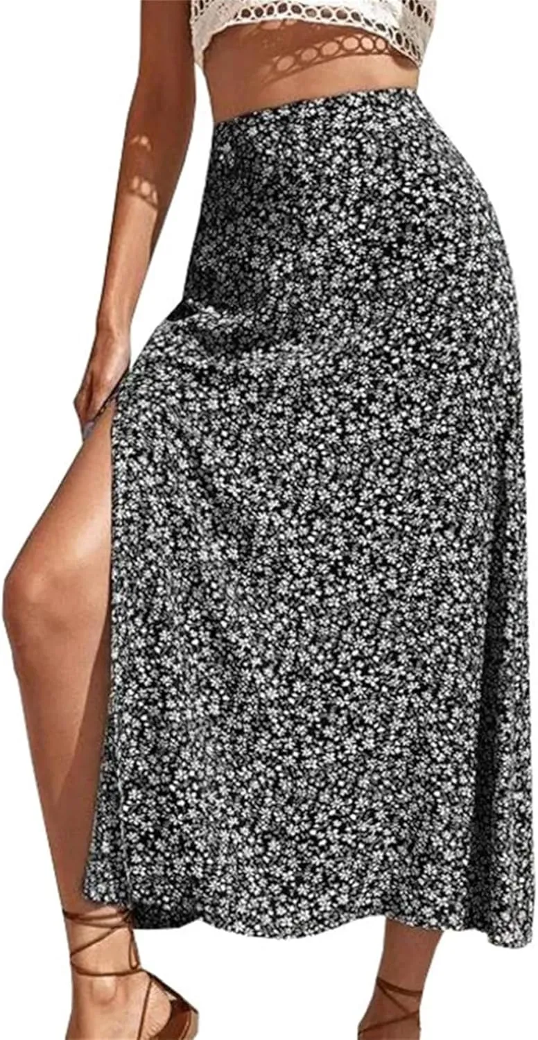 Women's Bohemian Floral Print Midi Skirts Fashion High Waist Split Casual A-Line Skirts
