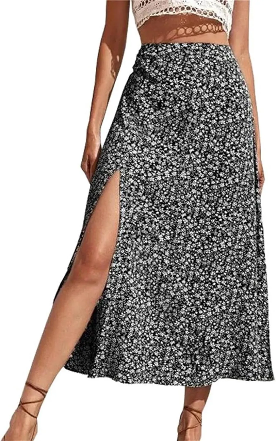 Women's Bohemian Floral Print Midi Skirts Fashion High Waist Split Casual A-Line Skirts