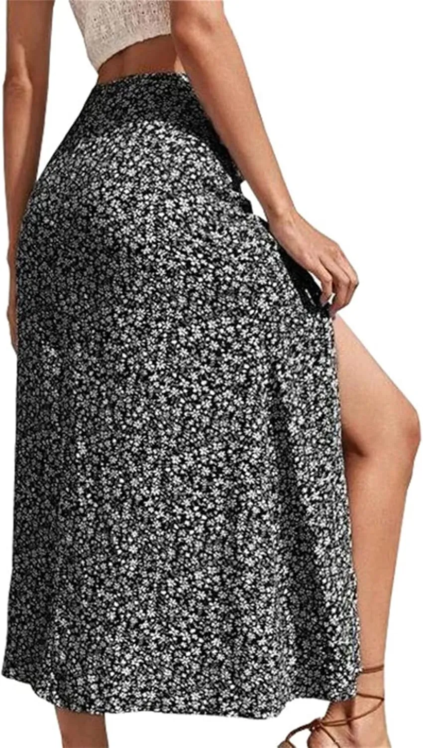 Women's Bohemian Floral Print Midi Skirts Fashion High Waist Split Casual A-Line Skirts