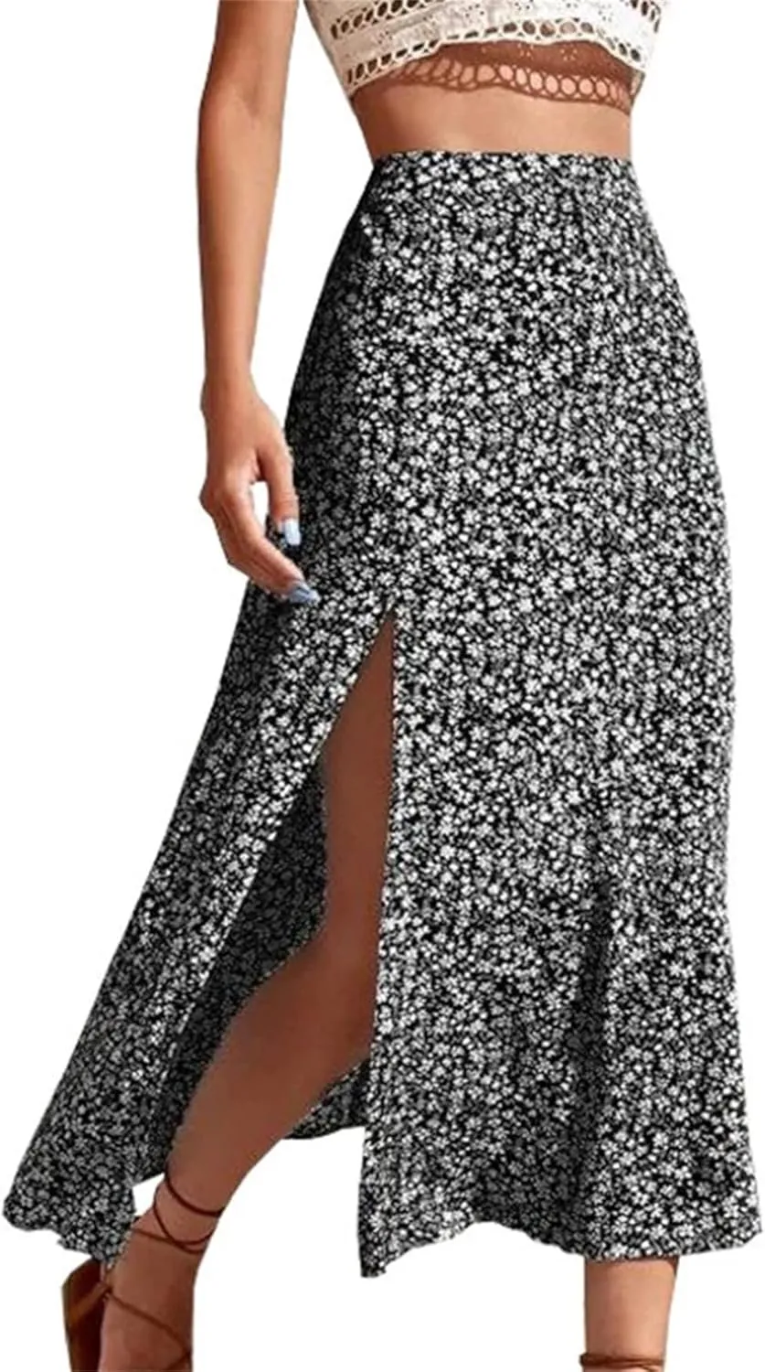 Women's Bohemian Floral Print Midi Skirts Fashion High Waist Split Casual A-Line Skirts