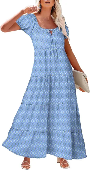 Women's Boho Maxi Dresses Floral Short Sleeve Dresses Summer Casual Flowy Swing Sundress Loose Beach Dress