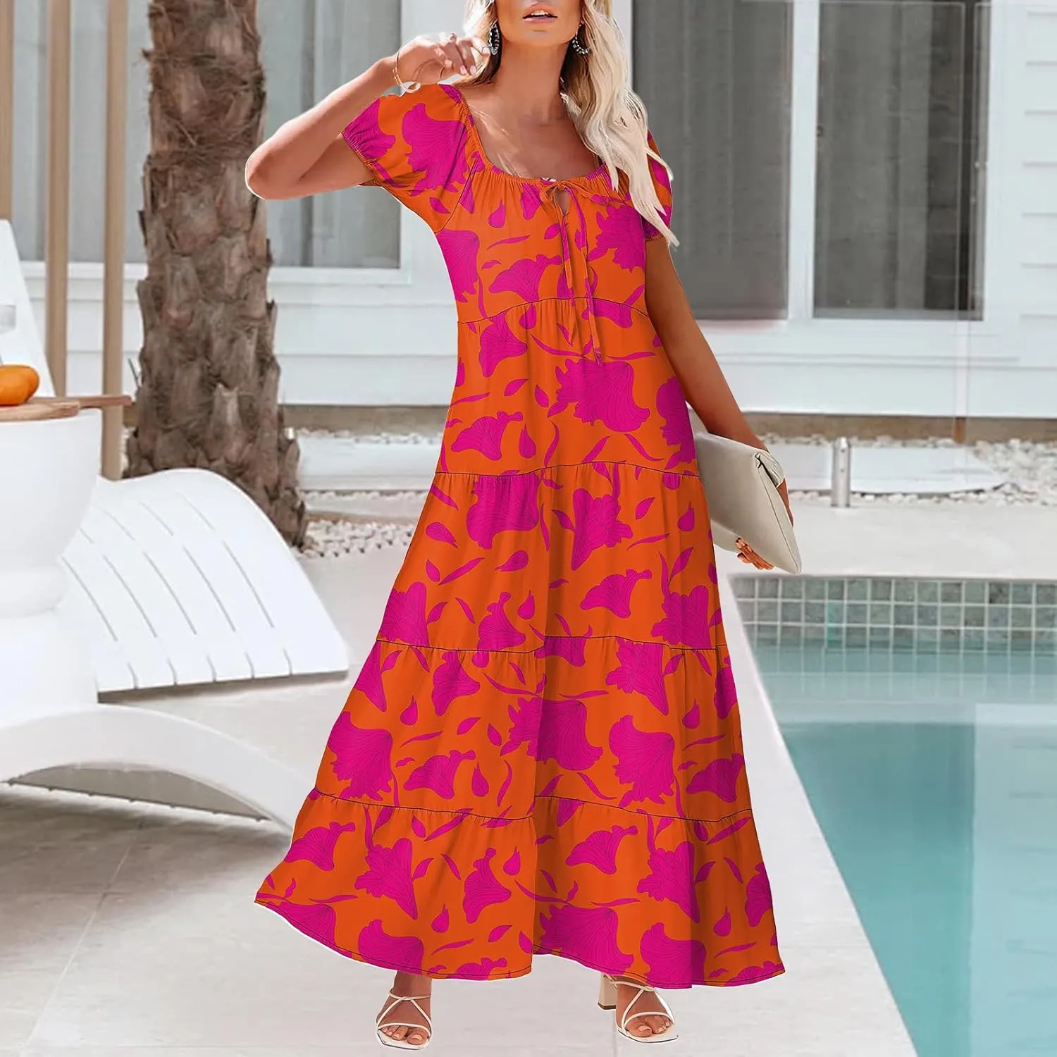 Women's Boho Maxi Dresses Floral Short Sleeve Dresses Summer Casual Flowy Swing Sundress Loose Beach Dress