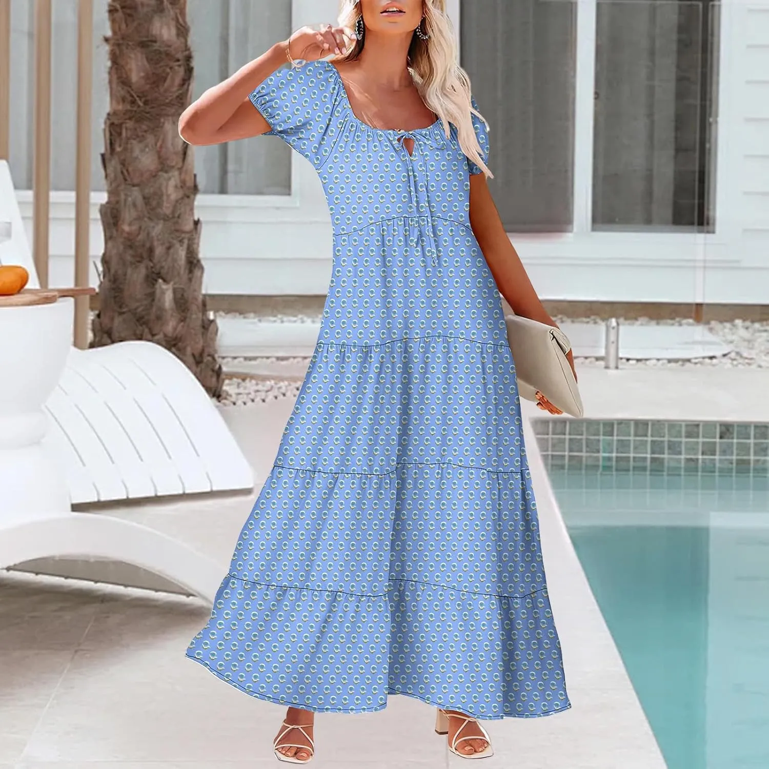 Women's Boho Maxi Dresses Floral Short Sleeve Dresses Summer Casual Flowy Swing Sundress Loose Beach Dress