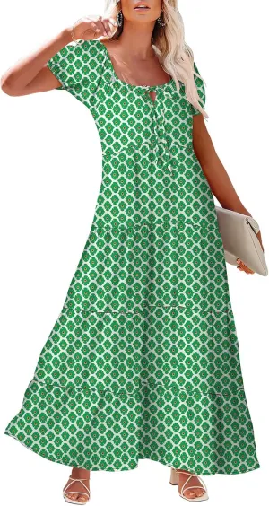 Women's Boho Maxi Dresses Floral Short Sleeve Dresses Summer Casual Flowy Swing Sundress Loose Beach Dress