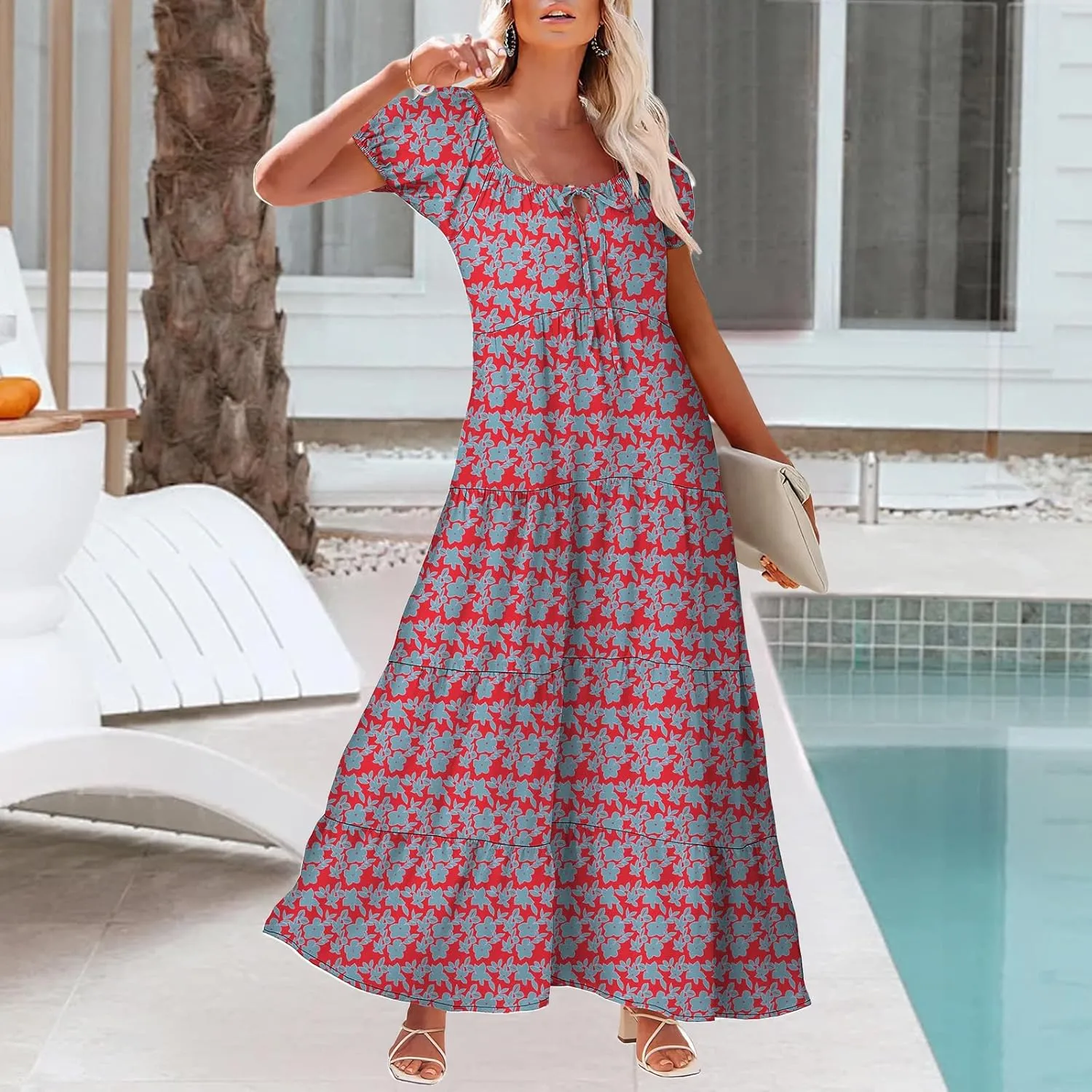 Women's Boho Maxi Dresses Floral Short Sleeve Dresses Summer Casual Flowy Swing Sundress Loose Beach Dress