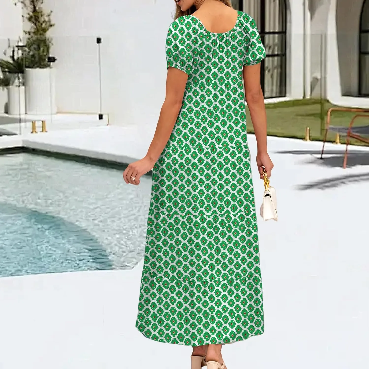 Women's Boho Maxi Dresses Floral Short Sleeve Dresses Summer Casual Flowy Swing Sundress Loose Beach Dress