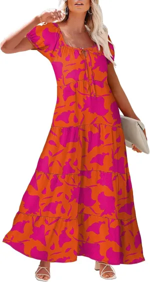 Women's Boho Maxi Dresses Floral Short Sleeve Dresses Summer Casual Flowy Swing Sundress Loose Beach Dress