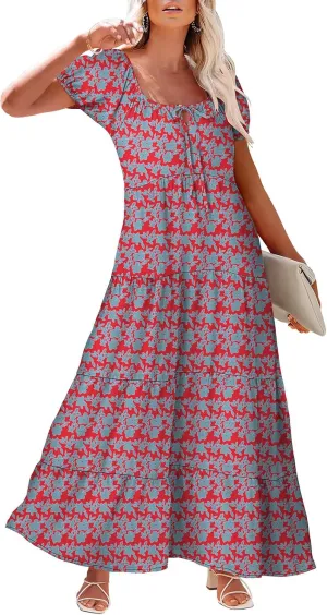 Women's Boho Maxi Dresses Floral Short Sleeve Dresses Summer Casual Flowy Swing Sundress Loose Beach Dress