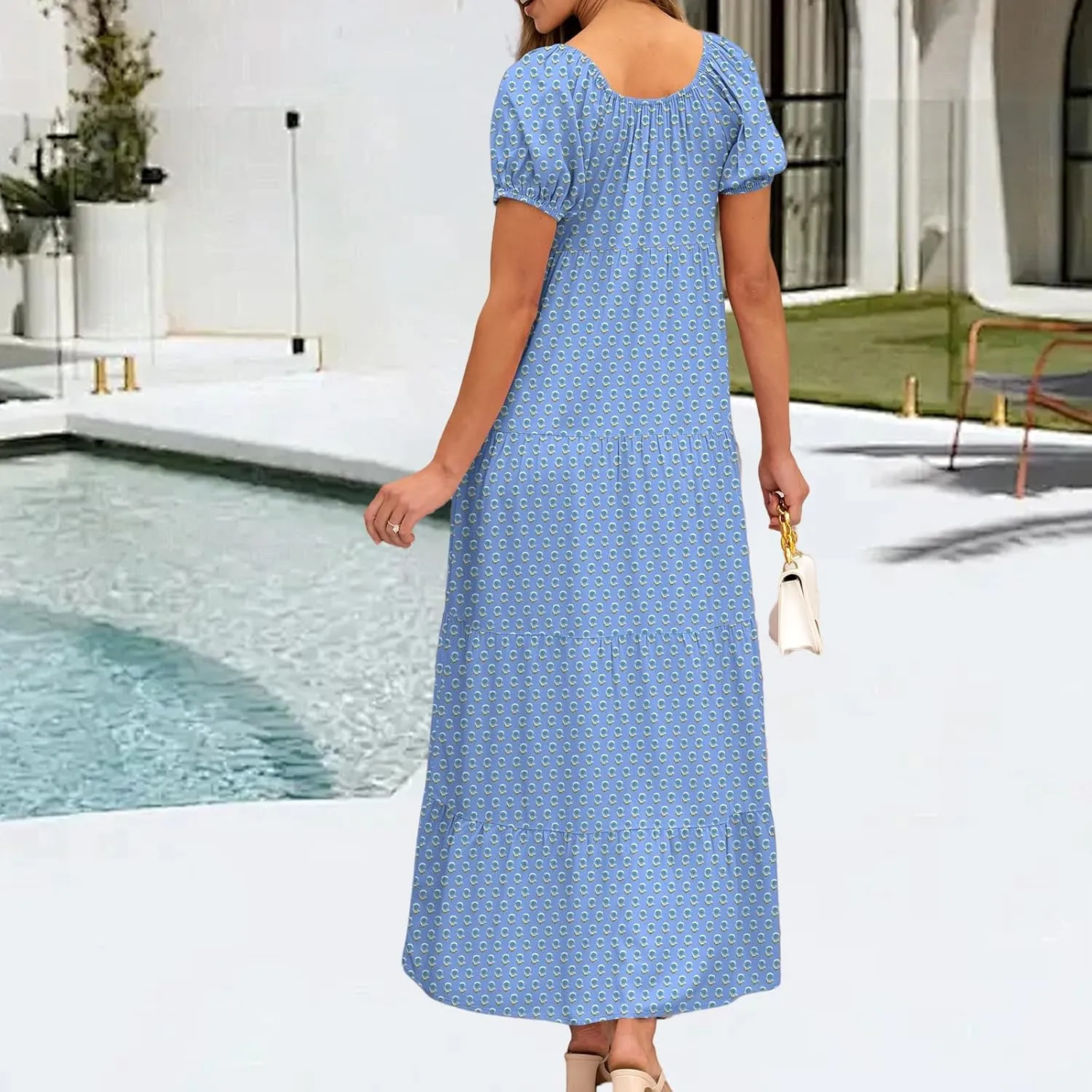 Women's Boho Maxi Dresses Floral Short Sleeve Dresses Summer Casual Flowy Swing Sundress Loose Beach Dress