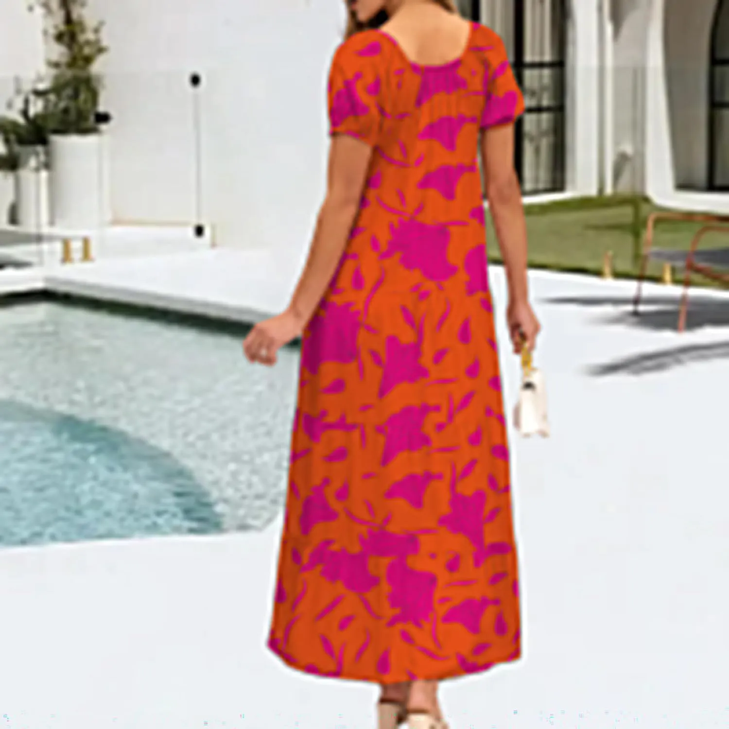 Women's Boho Maxi Dresses Floral Short Sleeve Dresses Summer Casual Flowy Swing Sundress Loose Beach Dress