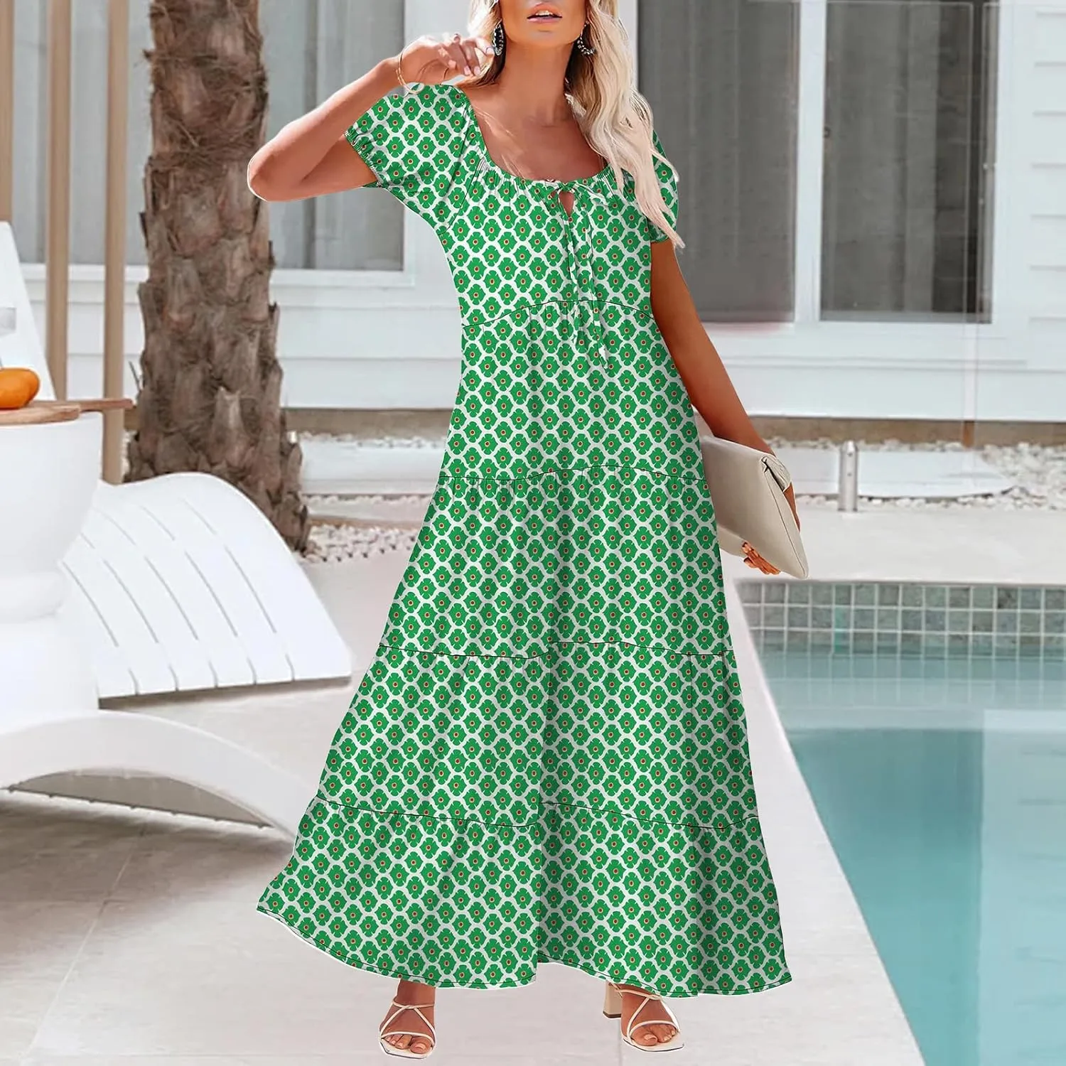 Women's Boho Maxi Dresses Floral Short Sleeve Dresses Summer Casual Flowy Swing Sundress Loose Beach Dress