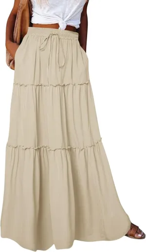 Womens Boho Maxi Skirt Casual Summer Tie Elastic High Waisted Long Skirts Flowy Ruffle Pleated Skirts with Pockets