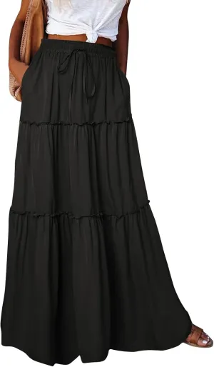 Womens Boho Maxi Skirt Casual Summer Tie Elastic High Waisted Long Skirts Flowy Ruffle Pleated Skirts with Pockets