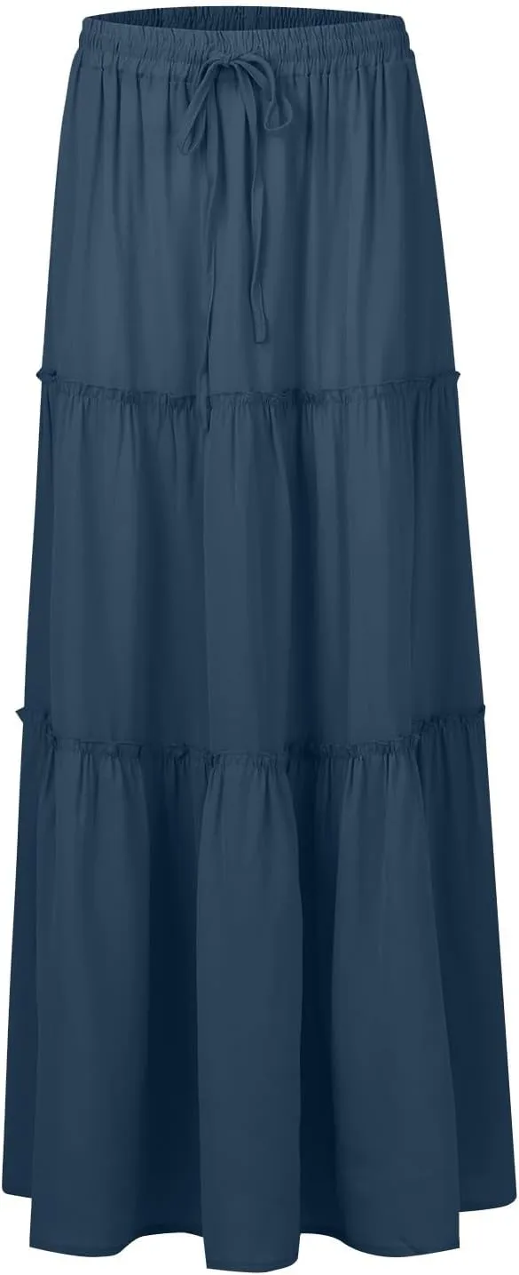 Womens Boho Maxi Skirt Casual Summer Tie Elastic High Waisted Long Skirts Flowy Ruffle Pleated Skirts with Pockets