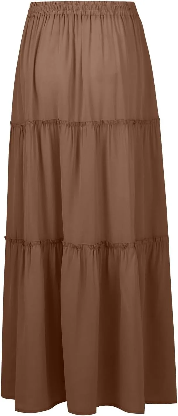 Womens Boho Maxi Skirt Casual Summer Tie Elastic High Waisted Long Skirts Flowy Ruffle Pleated Skirts with Pockets