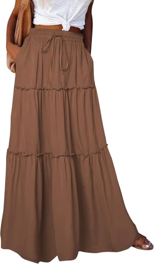 Womens Boho Maxi Skirt Casual Summer Tie Elastic High Waisted Long Skirts Flowy Ruffle Pleated Skirts with Pockets