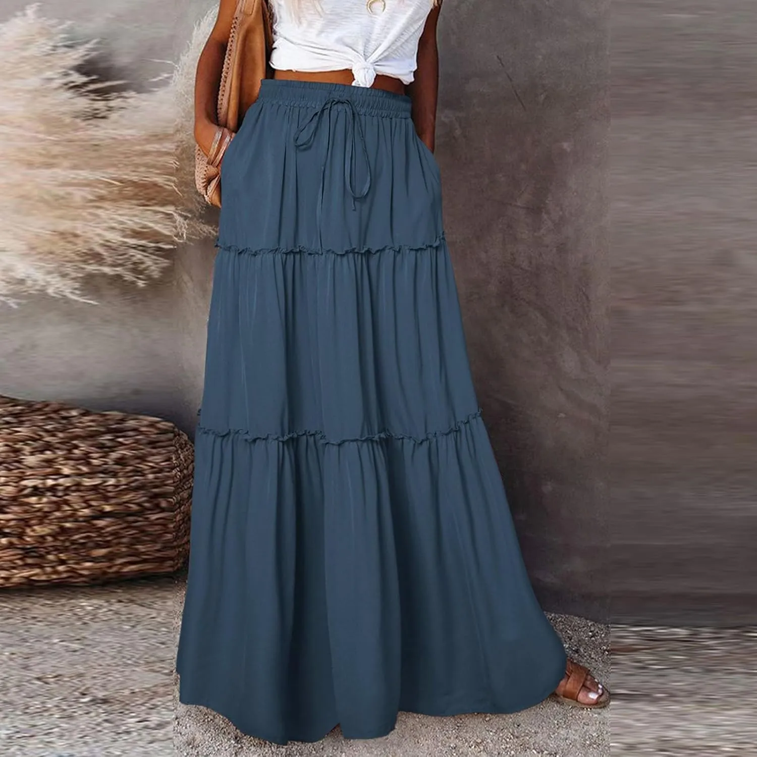 Womens Boho Maxi Skirt Casual Summer Tie Elastic High Waisted Long Skirts Flowy Ruffle Pleated Skirts with Pockets