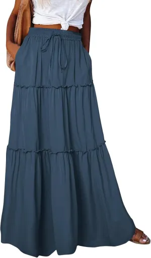 Womens Boho Maxi Skirt Casual Summer Tie Elastic High Waisted Long Skirts Flowy Ruffle Pleated Skirts with Pockets