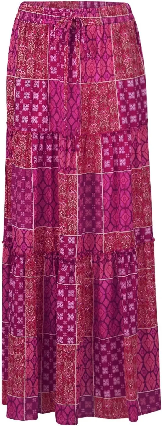 Womens Boho Maxi Skirt Tie Elastic High Waist Long Skirts Casual Summer Tiered Ruffle Trendy Print Skirt with Pockets