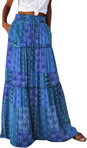Womens Boho Maxi Skirt Tie Elastic High Waist Long Skirts Casual Summer Tiered Ruffle Trendy Print Skirt with Pockets